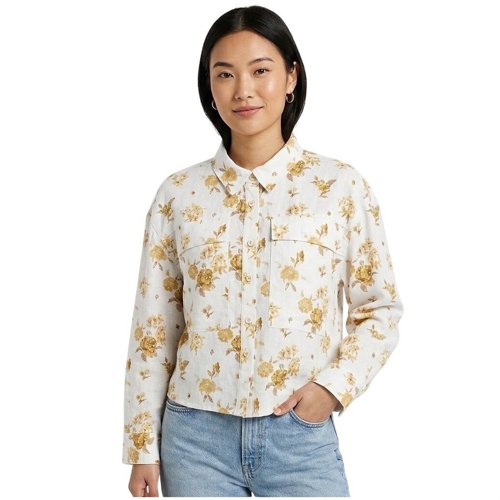 Woolrich Women's Button Down Shirt Cream Floral Cottagecore Fall Autumn Medium